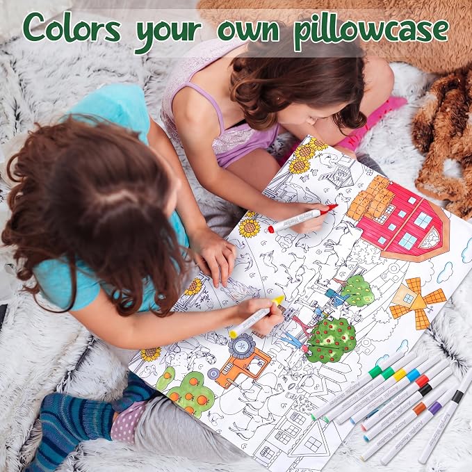 Mindsoft Coloring Pillowcase with 12 Pcs Markers Color Your Own Pillowcase Kit for Coloring Craft Decoration Supplies, 28.7 x 19.7 Inch(Farm)