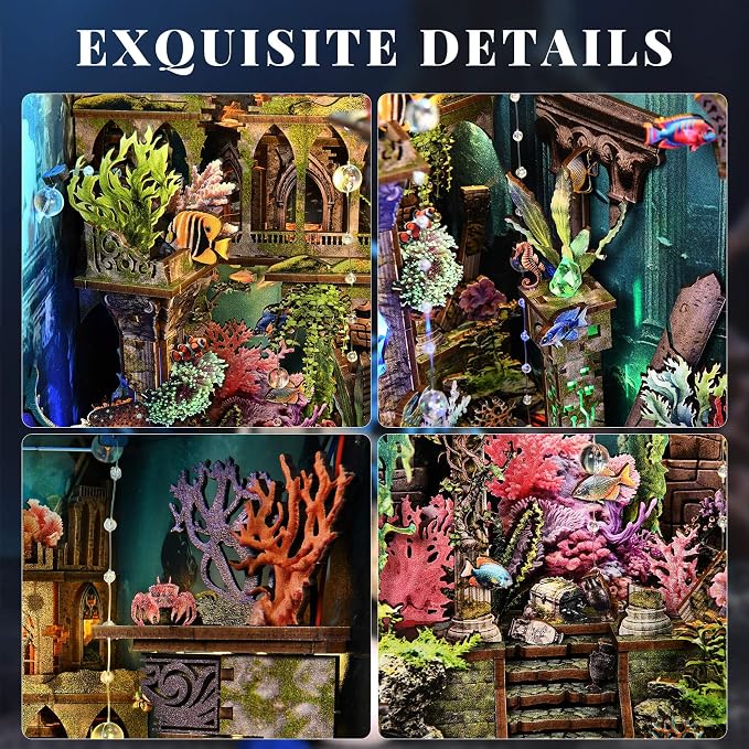 fifijoy Book Nook Kit - DIY Miniature Dollhouse Kit for Adults and Teens, 3D Wooden Puzzle Bookend with LED Light, Creative Bookshelf Decor Gifts for Family and Friends (Lost City of Atlantis)
