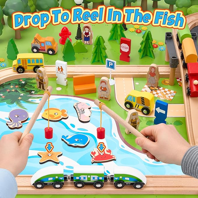 Wooden Train Set 175-Piece for Toddlers Kids Ages 3-8, Double-Sided Expandable Train Track with Puzzles & Magnetic Fishing Toys Compatible with Major Brands, STEM Railway Playset Gifts for Boys Girls