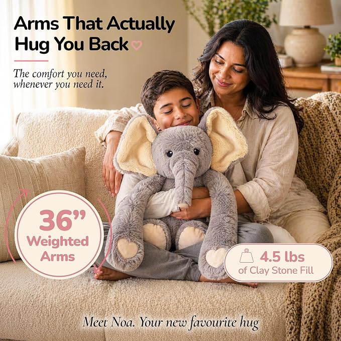 Huggle Healers Weighted Stuffed Animals for Adults, Teens and Kids - 36 Inch Long Plush Arms for Hugs - 4.5lb Elephant Stuffed Animal Plushies - Hathi Elephant