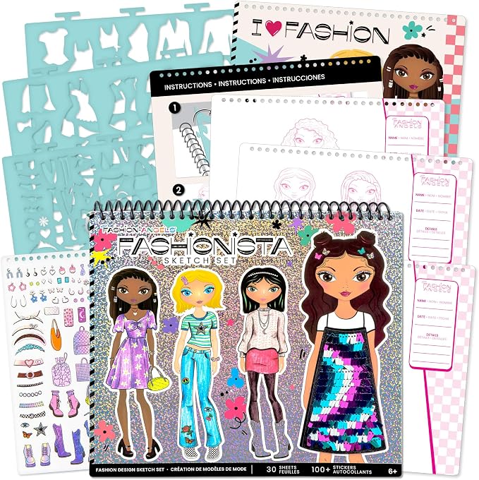 Fashion Angels Fashion Design Sketch Portfolio, Includes 40 Sketch Sheets, 4 Stencil Sheets & Stickers, Fashion Sketch Pad for Beginners & Kids Ages 6+