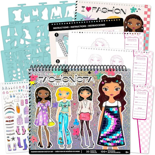 Fashion Angels Fashion Design Sketch Portfolio, Includes 40 Sketch Sheets, 4 Stencil Sheets & Stickers, Fashion Sketch Pad for Beginners & Kids Ages 6+