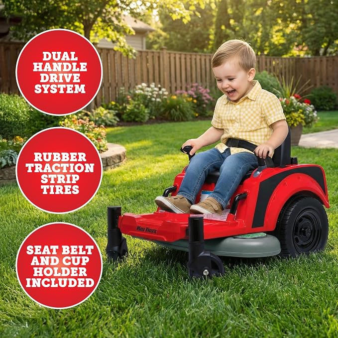 Kid Trax 12V Zero Turn Lawn Mower Jr. Ride on Toy - Riding Lawn Mower, Outdoor Toys, Kids Electric Car, Tractor Toy, Dual Handle, Twist and Turn, Speed to 2.5 MPH, Max Weight of 66lbs, Age 2-5, Red