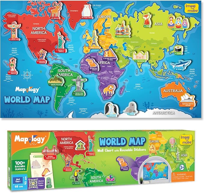 Imagimake Mapology USA Map with Reusable Stickers | 100+ Jelly Stickers | Geography Games & Learning Kids Toys Age 5-8 | Gifts for Boys & Girls Age 5,6,7,8,9,10,11,12 Years Old
