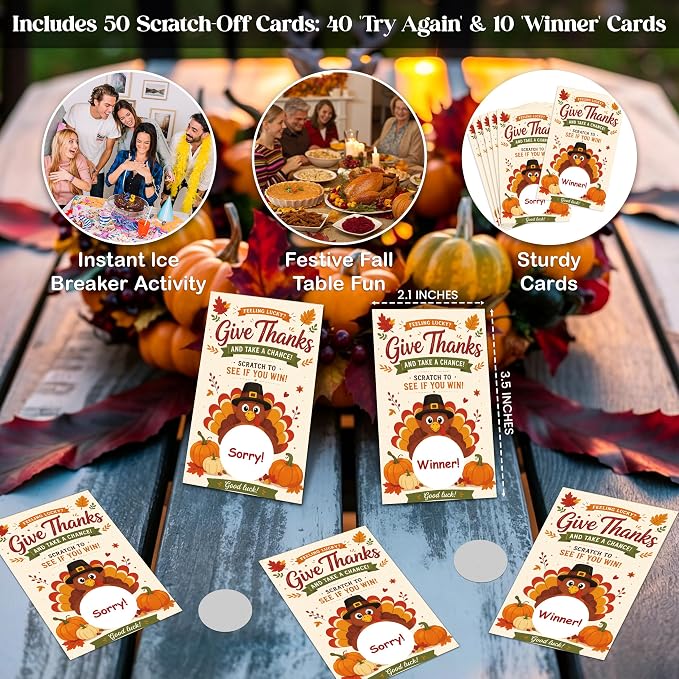 50PCS Thanksgiving Scratch Off Game Cards, Thanksgiving Games for Family Party Group Activities, Fall Festival Raffle Card Thanksgiving Activity for Groups Adults-A03