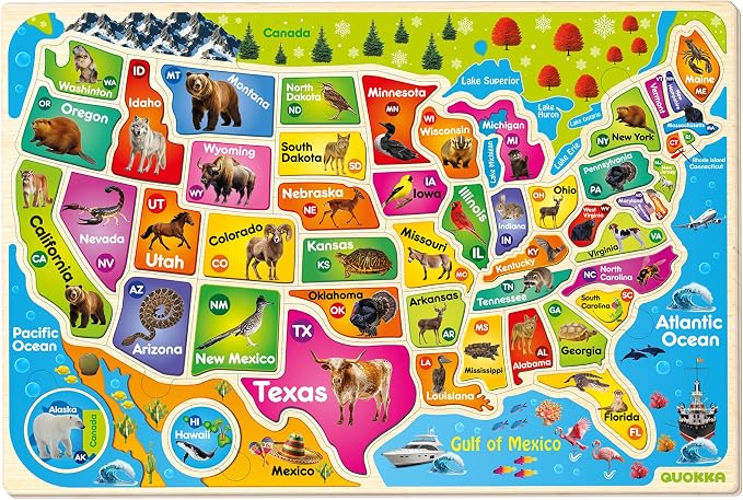 QUOKKA United States Puzzles for Kids Ages 4-6 - Realistic USA Map Wooden Puzzles for Kids Ages 3-5 - Montessori Wood Educational Toys for Toddlers 2-4 Years Old - Geography Learning Games for 6-8 yo