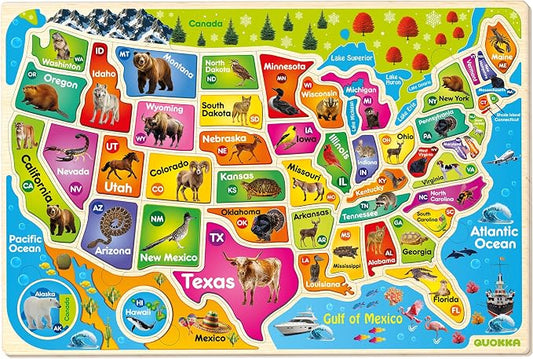 QUOKKA United States Puzzles for Kids Ages 4-6 - Realistic USA Map Wooden Puzzles for Kids Ages 3-5 - Montessori Wood Educational Toys for Toddlers 2-4 Years Old - Geography Learning Games for 6-8 yo