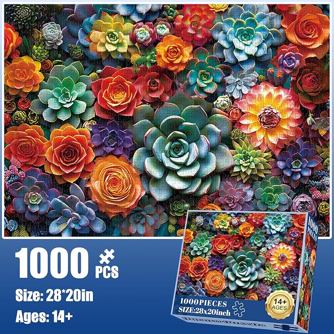 1000 Piece Puzzle for Adults - Colourful Flowers & Succulent Plants Puzzle for Adults Children - Recycled Paper Jigsaw Puzzle 1000 Pieces - Fun and Challenging Family Game Great Gift Idea, 28 * 20 in