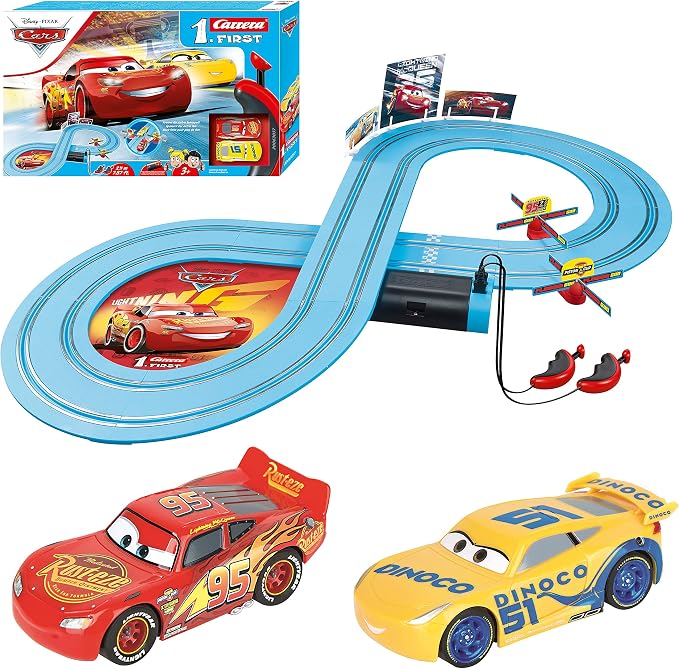 Carrera First Disney Cars Slot Car Race Track Set – Lightning McQueen | Battery-powered slot car track, Lightning McQueen toy for kids 3+, includes McQueen & Cruz, beginner-friendly, easy setup