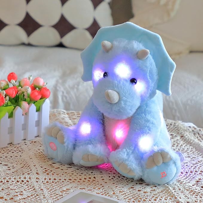 Light-up Singing Plush Blue Triceratops LED Musical Stuffed Animal Dinosaur Adjustable Volume Lullaby Plushies Birthday Christmas Toy Gifts for Kids Toddler Girls, 13"