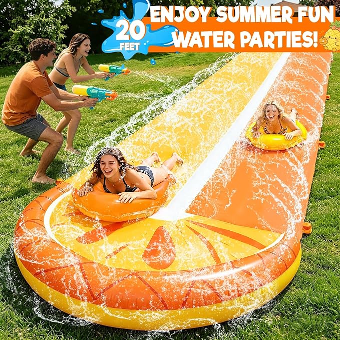 iGeeKid Pineapple 20FT Double Lawn Water Slides, Heavy Duty Water Toys Sprinkler 2 Race Lane with 2 Bodyboards for Kids Adults Backyard Outdoor Summer Beach Swimming Pool Water Game Party