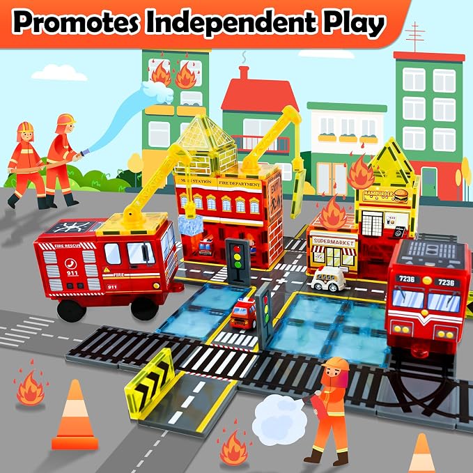 Drofex Magnetic Tiles Road Set with Fire Truck Magnetic Crane, Creative Construction Toys for Kids Ages 3-12, Boys & Girls, Fire Rescue Station and Engineering Themed Magnetic Building Blocks