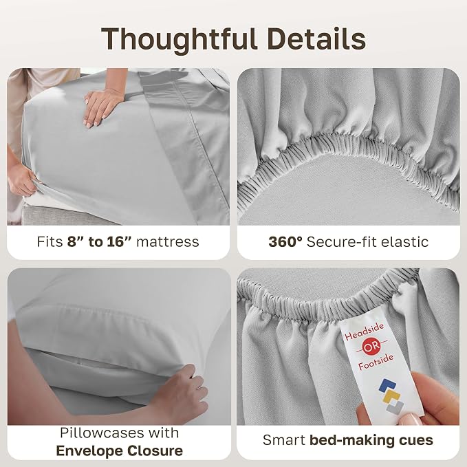 California Design Den 6-Pc Queen Size Sheet Set with 4 Pillowcases - 400 Thread Count 100% Cotton Sheets, Sateen Weave, Deep Pocket Bedsheets Set - Light Grey