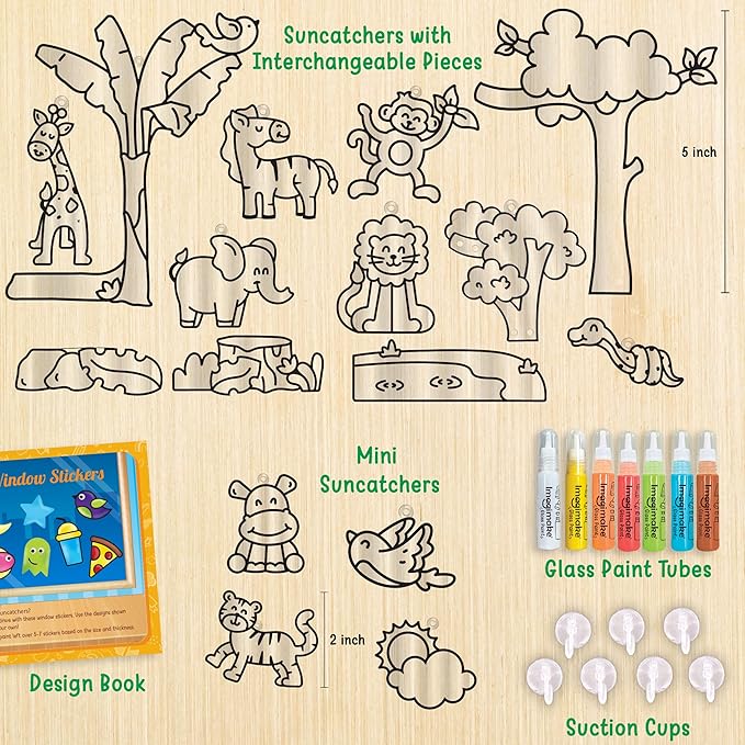 Imagimake Window Art Jungle | Low Mess Suncatcher Kit | 16 Pieces Glass Painting Set | Kids Activities Ages 5-8 | DIY Craft Kit | Birthday Gift for Boys & Girls Ages 5,6,7,8,9,10,12 Years Old