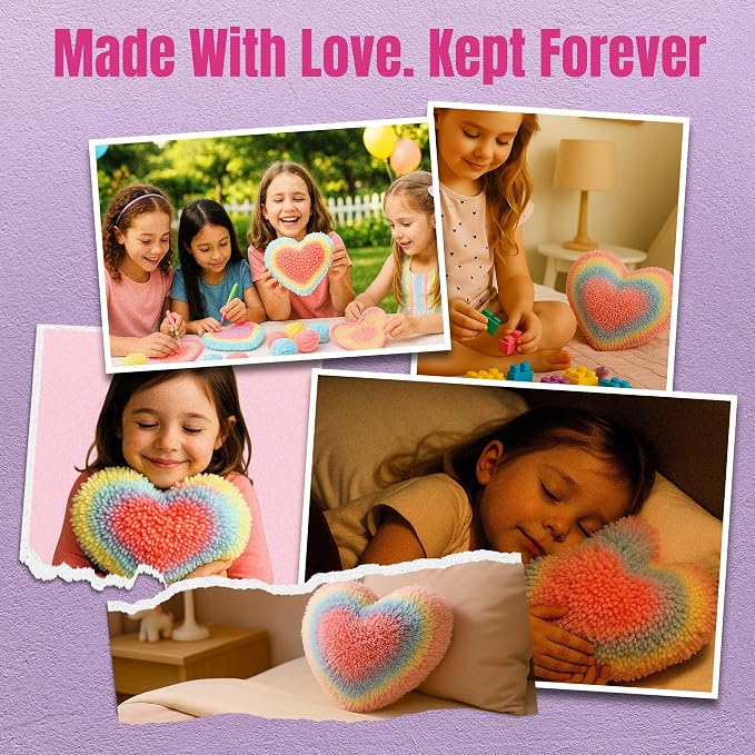 CRAFTILOO Latch Hook Kit for Kids Rug DIY Pillow Craft with Hook, Precut Yarn, Easy to Follow Pattern Cute Designs with Rainbow Heart Ages 6+
