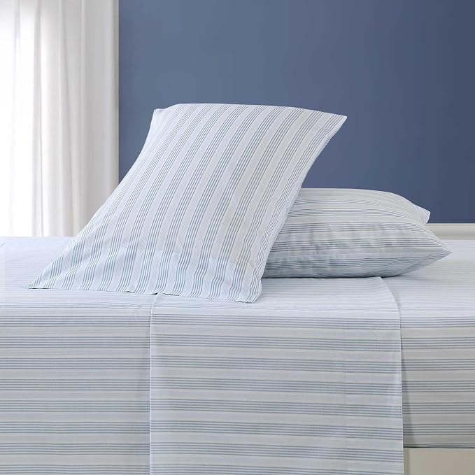 Nautica - Queen Size Sheets Set, Crisp & Tailored Striped Bedding with a Smooth Cotton Percale, Bed Sheets with Matching Pillowcases & Fitted Sheet (Tayleur Stripe Blue)