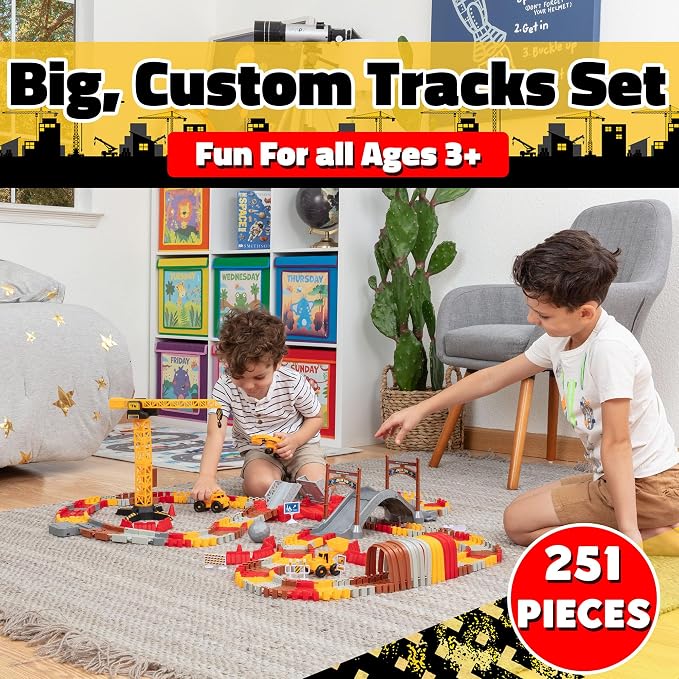 USA Toyz Snap Trax Construction Set Race Tracks for Kids and 2 LED Toy Cars- 251 Pk STEM Building Toys Bendable Race Car Track for Boys Girls, 3 Construction Trucks, Crane, Bridges, 2 Light-Up Trucks