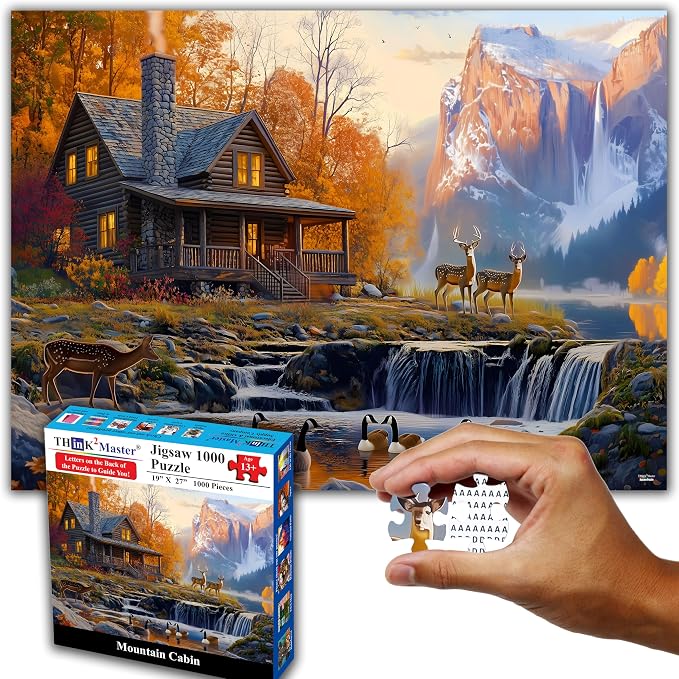Think2Master Cabin by the Falls 1000 Pieces Large Format Jigsaw Puzzle: 13+, Teens, Adults & Families. Scenic Autumn Mountain Landscape with Log Cabin, Waterfall. Great Gift. Size: 26.8” X 18.9”