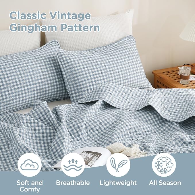 TOCOMOA Blue Gingham Quilt Bedding Set 100% Washed Cotton Bedspread Coverlet Like Linen Feel Soft Comfy Breathable 3 Piece Plaid Checkered Lightweight Comforter Set for All Season, Queen 96"x90"