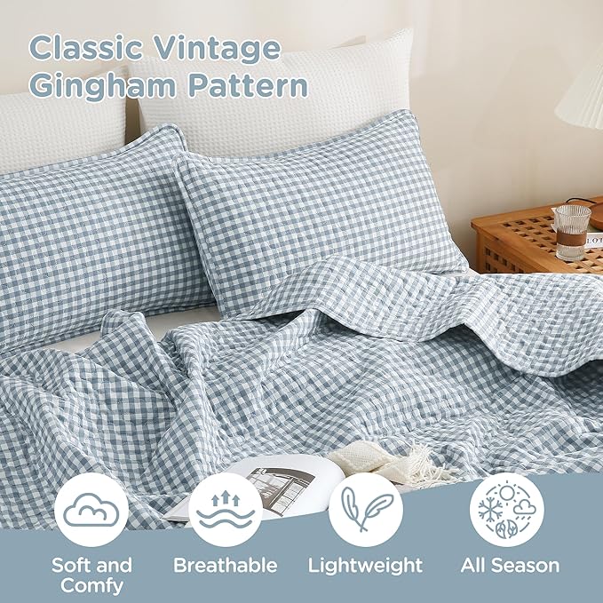 TOCOMOA Blue Gingham Quilt Bedding Set 100% Washed Cotton Bedspread Coverlet Like Linen Feel Soft Comfy Breathable 3 Piece Plaid Checkered Lightweight Comforter Set for All Season, Twin 68"x86"