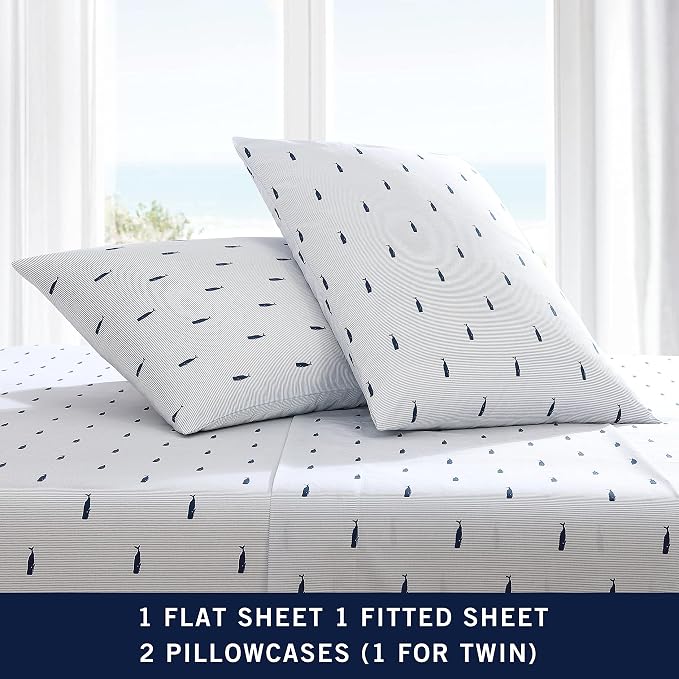 Nautica - King Size Sheets Set, Crisp & Tailored Cooling Sheets with a Smooth Cotton Percale Lightweight Feel - Bed Sheets with Matching Pillowcases & Fitted Sheet (Whale Stripe Blue)