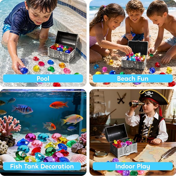 Sloosh Diving Gems Pool Toys,16 Big Colorful Diamond with Pirate Treasure Chest,Swim Dive Toy for Kids Underwater Gemstone Swimming Training Gift Water Toys Pool Games(Silver)