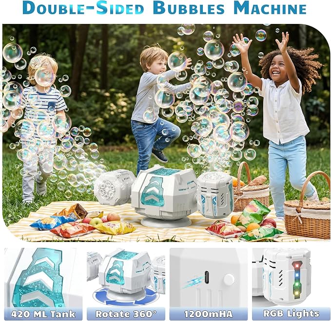 Bubble Machine, Rechargeable Dual-Nozzle Bubble Machine with Remote Control, 30000+ Bubbles Per Minute, RGB Lights, Bubble Machine for Kids, Weddings, Birthday Parties, Outdoor Activities