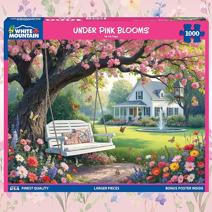 White Mountain 1000 Piece Jigsaw Puzzle Spring Garden Blossom Scene Puzzles with Large Pieces Gift for Adults and Family 24"x30" - Under Pink Blooms