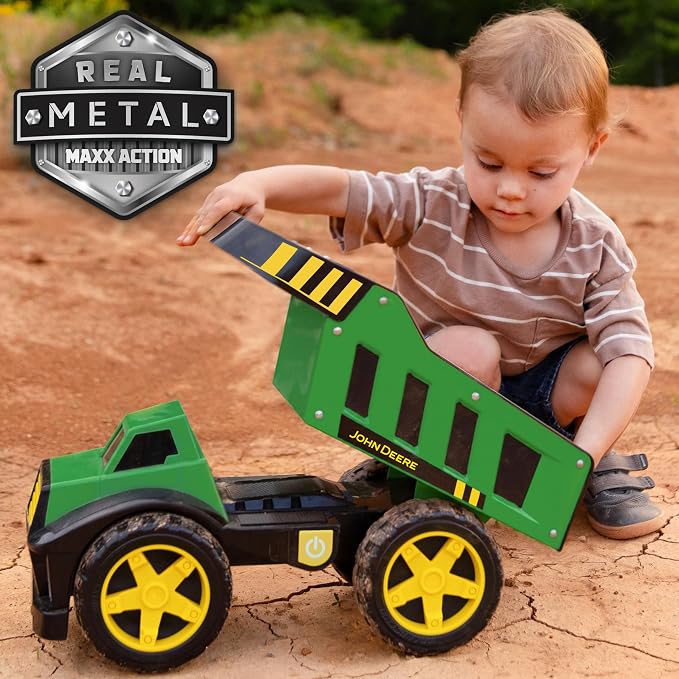 John Deere 16" Steel Dump Truck, Realistic Lights & Sounds, Heavy Duty Metal Truck Bed, Extra Large Wheels, Rugged Construction Vehicle Toy for Kids, Ages 3+, Indoor and Outdoor Play