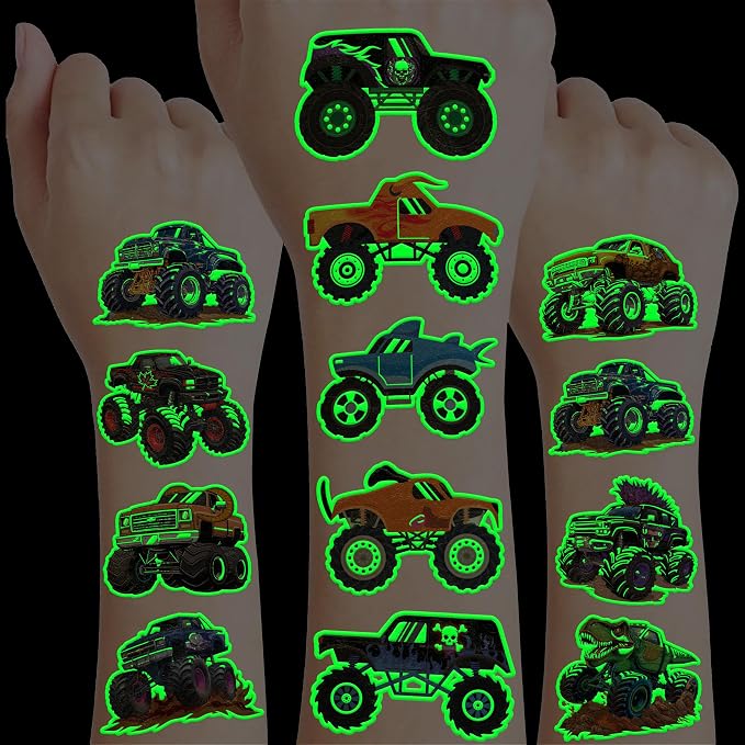 96 PCS Monster Truck Race Car Pre-Cut Luminous Glow in the dark Temporary Tattoos for Kids | Super Cute Themed Birthday Party Favors Supplies Decorations, Fake Tattoos Rewards & Gifts for Boys Girls