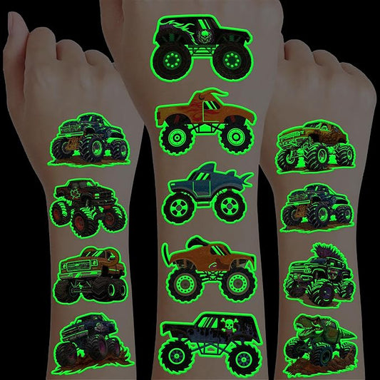 96 PCS Monster Truck Race Car Pre-Cut Luminous Glow in the dark Temporary Tattoos for Kids | Super Cute Themed Birthday Party Favors Supplies Decorations, Fake Tattoos Rewards & Gifts for Boys Girls