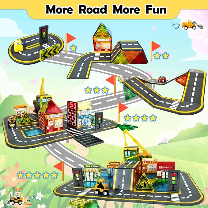 Drofex Magnetic Tiles Road Set with 2pcs Magnetic Crane, Creative Construction Toys for Kids Ages 3-12, Boys & Girls, Engineering Themed Magnetic Building Blocks