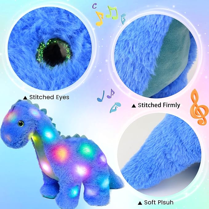 Hopearl LED Musical Stuffed Dinosaur Lighting Up Singing Diplodocus Soft Plush Toy with Long Neck Adjustable Volume Lullaby Animated Soothe Gifts for Kids Toddlers, Blue, 16''