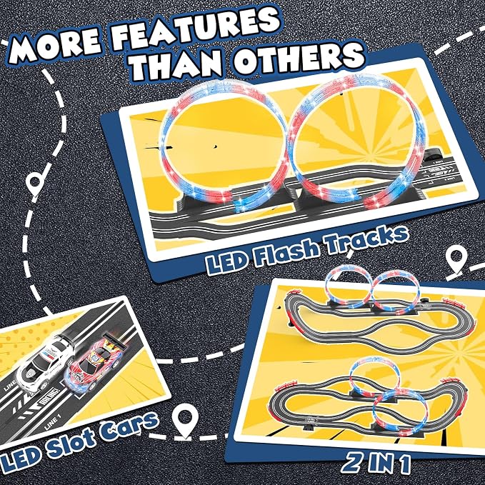Slot Car Race Track Sets with 4 Slot Cars, 2 in 1 Electric Race Car Track Include Slope Circular Overpass Track, Dual Racing Game Featuring Flash Tracks, Gifts Toys for Boys Kids Age 6 7 8-12
