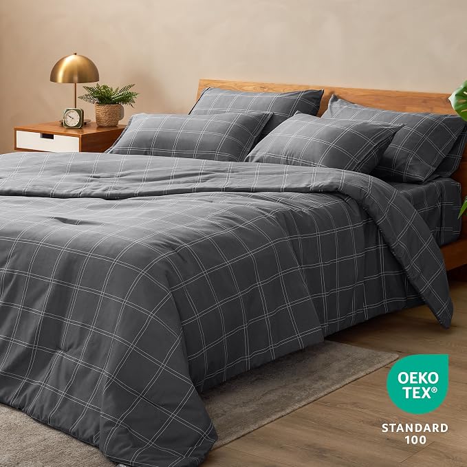 Bare Home Bed-in-A-Bag 7 Piece Comforter & Sheet Set - Queen - Track Stitch - Goose Down Alternative - Ultra-Soft 1800 Premium - Bedding Set (Queen, Modern Plaid - Grey/White)