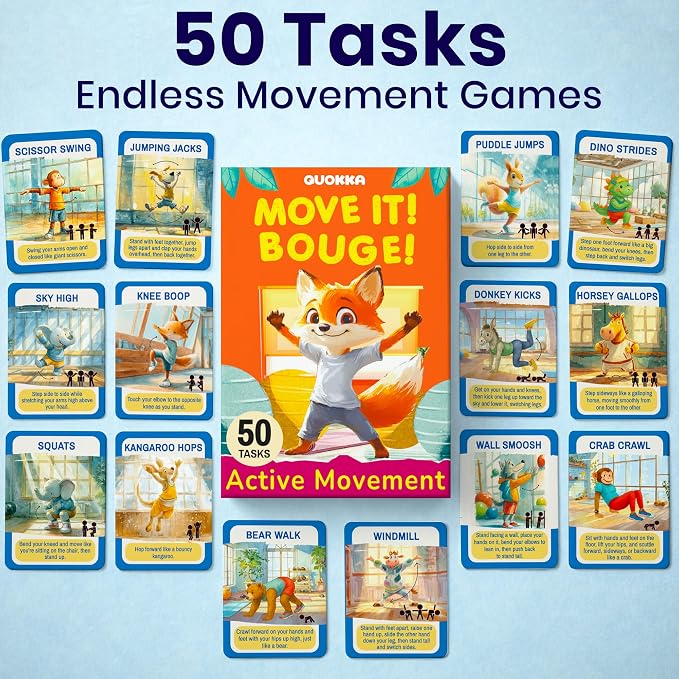 QUOKKA Active Movement Game for Kids Ages 4–8 – Animal-Themed Card Set with 50 Movement Tasks for Indoor & Outdoor Brain Breaks, Home & Classroom Activities