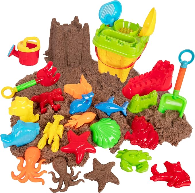 Beach Toys & Sand Toys for Kids Toddlers and Ages 4-12 — 23 Piece Sandbox Toys Set with Reusable Storage Bag, Sand Castle Building Kit, Animal Molds, Shovels, Rake, Sifter & Watering Can