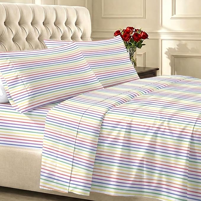California Design Den Soft Full Size 100% Cotton Sheet Sets, 400 TC Good Housekeeping Award Winner, Smooth Sateen Finish with Deep Pockets, Cozy and Durable Full Bedding Set - Rainbow Stripe