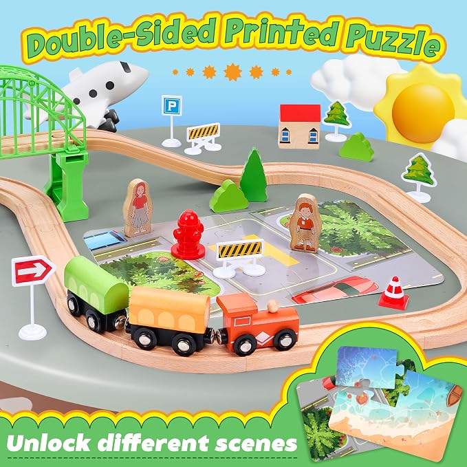 Wooden Train Set 61-Piece for Toddlers Kids Ages 3-8, Double-Sided Expandable Train Track with Puzzles & Magnetic Fishing Toys Compatible with Major Brands, STEM Railway Playset Gifts for Boys Girls