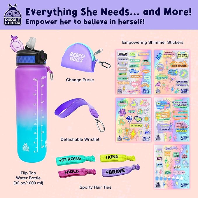 Rebel Girls Decorate Your Own Water Bottle - 32oz BPA Free Water Bottle for Kids with Motivational Stickers & More, Girls Birthday Gifts Age 6-7 8 9 10 11 - Teen Gift, Tween Girl Trendy Stuff