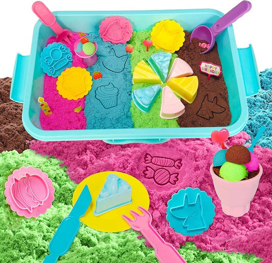 Carolart Cake Sensory Bin, Sand Baking Toys for Kids, Play Cake Sand Kit | Ice cream and dessert sensory play with colorful sensory sand, pretend bakery activity, gift for kids ages 3-8