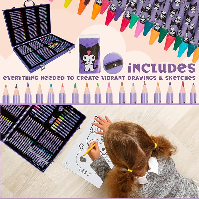 Hello Kitty Sanrio Kuromi Art Supplies for Kids, Colored Pencils, Markers, Crayons, Kawaii Drawing Kit, Stationary, Art Kit, Gifts for Girls (Purple Kuromi)