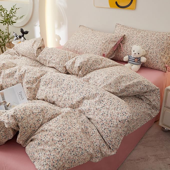 Pink Floral Comforter Set Twin XL, Aesthetic Botanical Flowers Comforter with 2 Bow Ties Pillowcases, Lightweight Cute Girls Floral Bedding Comforter Vintage Cottagecore Comforter Set for All Season