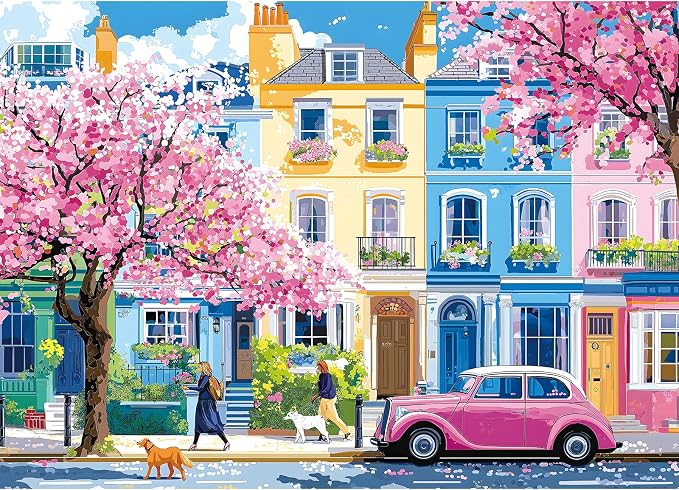Puzzles for Adults 1000 Pieces Urban Cherry Blossom Spring Street and Pink Vintage Car Art Jigsaw Puzzle for Family Fun Challenging, Party Game Gifts Decoration (27.5" x 19.7")