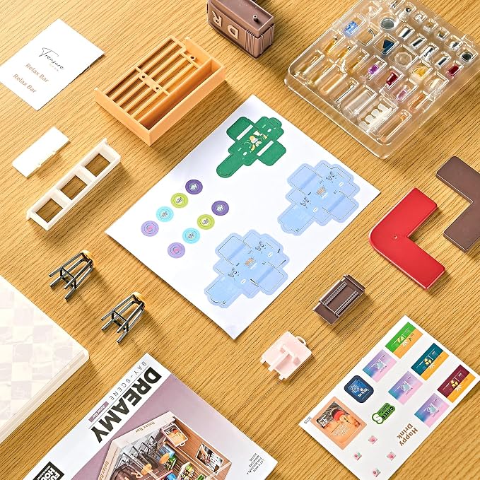 Miniature Lounge Bar DIY Kit with Acrylic Display Case – Cozy Mini Bar Dollhouse Scene, Tool-Free Craft Set for Teens, Adults & Beginners