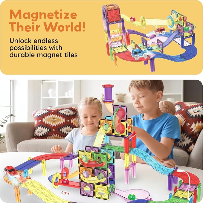 PicassoTiles 121pc Magnetic Tile Race Track Marble Run Magnet Tiles 3-in-1 Playset Car Racing Construction Set STEM Learning Early Education Building Toy Cars for School Toddlers Boys Girls Ages 3+