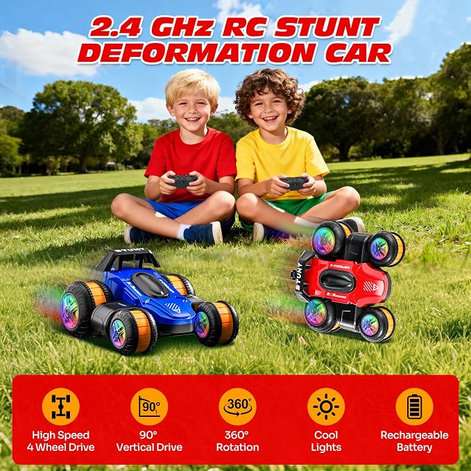 High Speed Remote Control Drift Car for Kids, 360 Degree Rotating Deformation Stunt RC Cars for Boys and Girls Ages 3-16, 4WD Drift RC Stunt Car with Light for Christmas, Birthday, Party Gifts (Red)