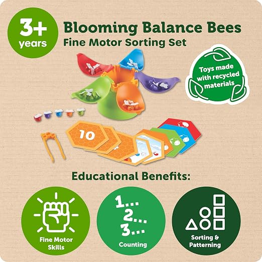 Learning Resources Blooming Balance Bees Fine Motor Sorting Set - Preschool Learning Activities, Fine Motor Games, Color Sorting Toys for Toddlers 3-5, Matching and Counting Toys for Toddlers