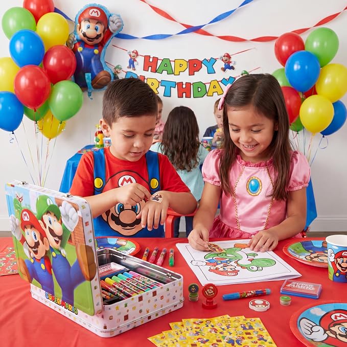 Innovative Designs Mario Brothers Super Mario Deluxe Activity Set with Carrying Tin, Coloring Sheets, Tattoos, Stickers, & Art Supplies | Super Mario Brothers Activity Kit with Mario Coloring Sheets, Stickers, Tattoos, Markers, Crayons, Gel Pens & Carr...