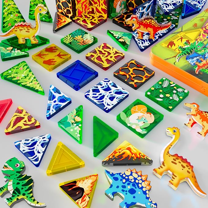 48pcs Mini Magnetic Tiles, Dinosaurs World Building Blocks Set in Iron Case, Portable STEM Travel Toys for Toddlers, Creative Dino World Construction Magnetic Toys for Kids